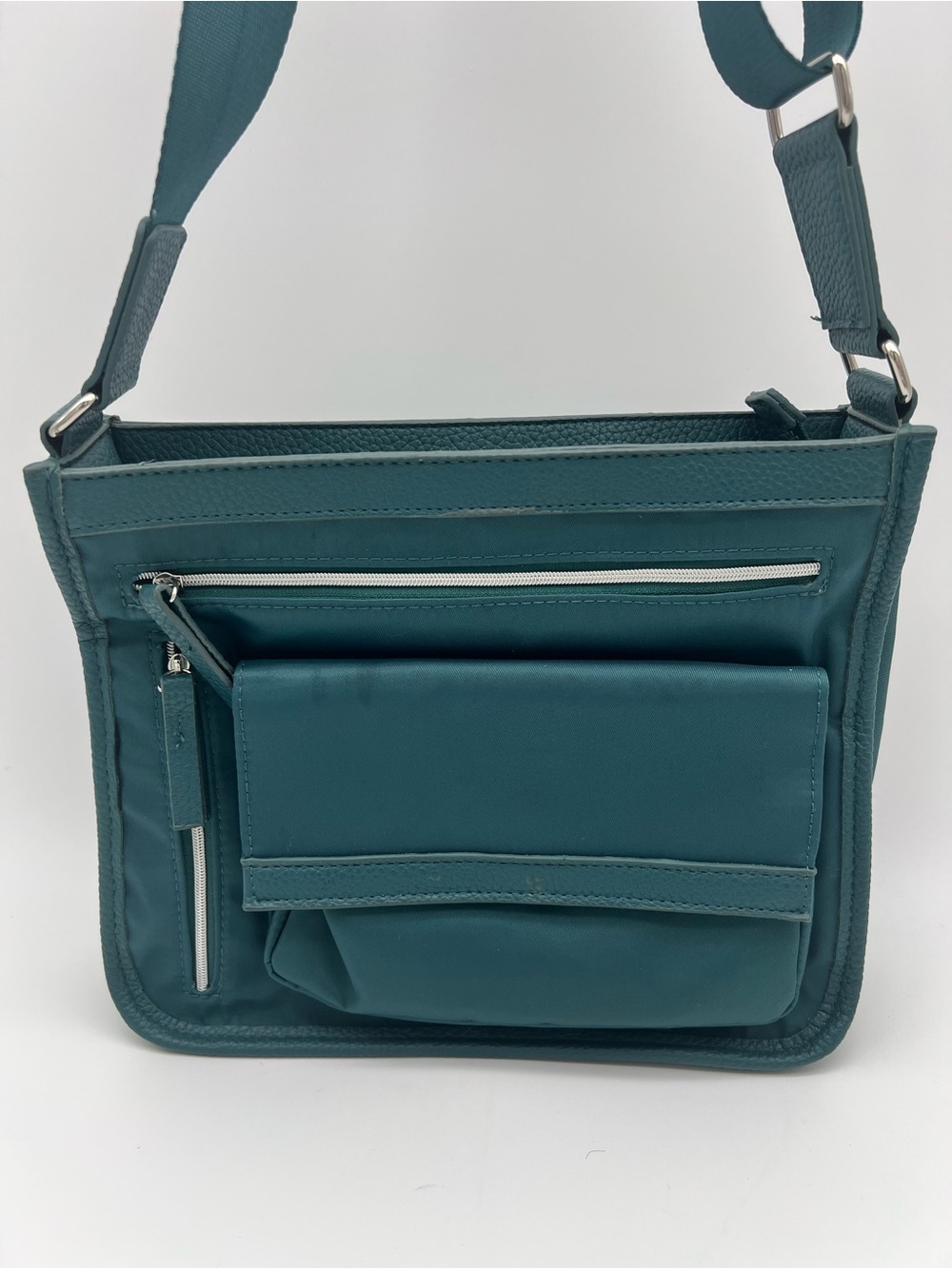 Tommy Bahama Canvas Teal Blue Crossbody Purse Bag Adjustable Strap Silver